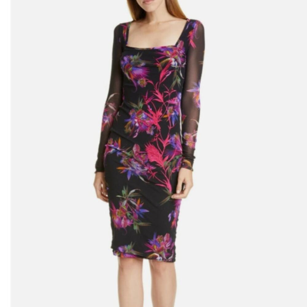 New FUZZI Black Paradise Floral Embroidered Mesh Bodycon Dress XS  $595 Italy